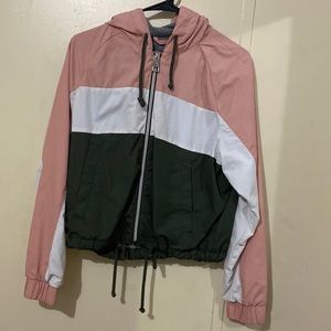 olive green , pink & white wind breaker jacket.